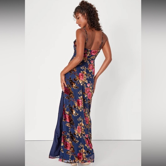 Lulus NavyBlue Chic Romantic Burnout Velvet Floral Chiffon CowlNeck Dress NWOT S - Picture 4 of 15